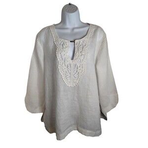 OSO Casuals XLarge Tunic Top White Linen Embellished Front Round neck 3/4 Sleeve